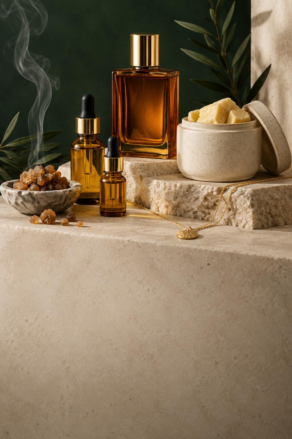 LESAGEWEY perfume, grès cacao, oil and incense arranged on stone